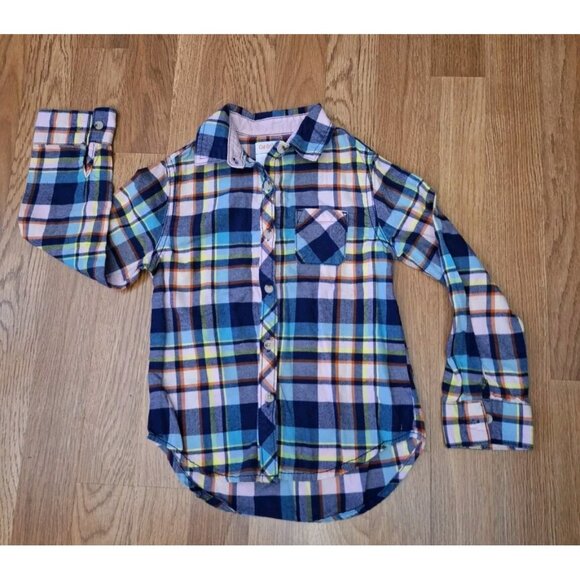 Cat & Jack Boys Blue Pink Flannel Button Up Long Sleeve Shirt Small Size 6/6X - Picture 2 of 9